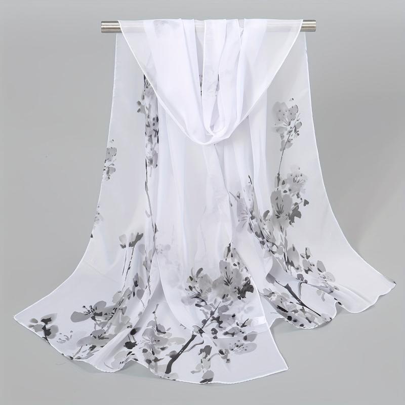 Chiffon Silk Scarf Print Retro Warm Shawl for Women