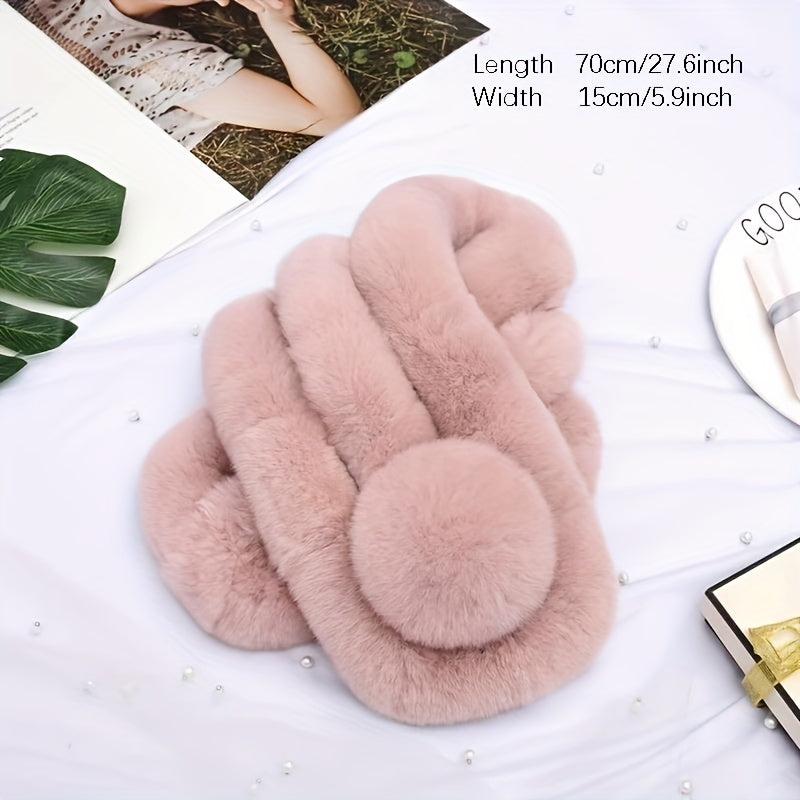 Winter Fur Collar Scarf With Pom Soft Fluffy Solid Thermal Scarf