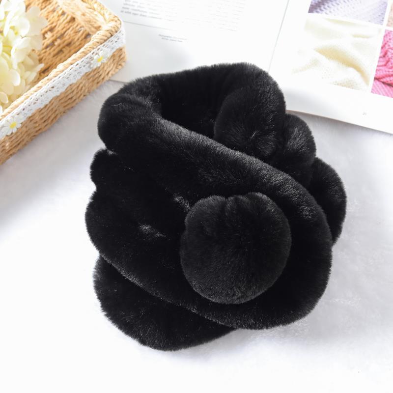 Winter Fur Collar Scarf With Pom Soft Fluffy Solid Thermal Scarf