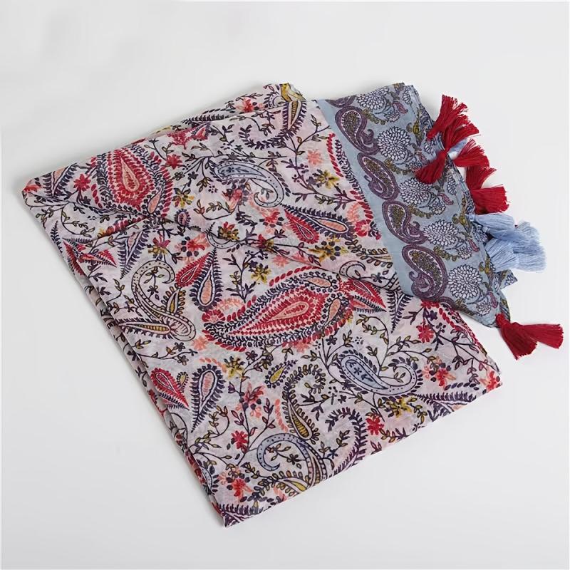 Paisley Print Vintage Scarf Red & Tassel Shawl Women Head Wrap Turban