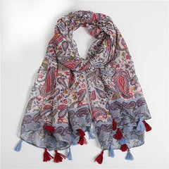 Paisley Print Vintage Scarf Red & Tassel Shawl Women Head Wrap Turban