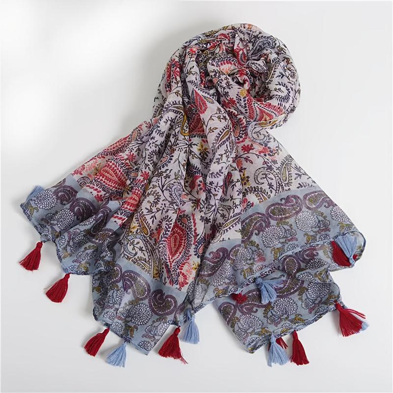 Paisley Print Vintage Scarf Red & Tassel Shawl Women Head Wrap Turban