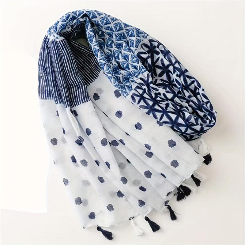 Geometric Print Tassel Scarf Boho Block Shawl Casual Hijab Head Wrap Women