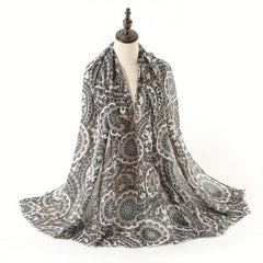 Boho Geometric Print Scarf Vintage Frayed Edge Shawl