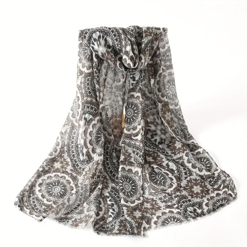 Boho Geometric Print Scarf Vintage Frayed Edge Shawl