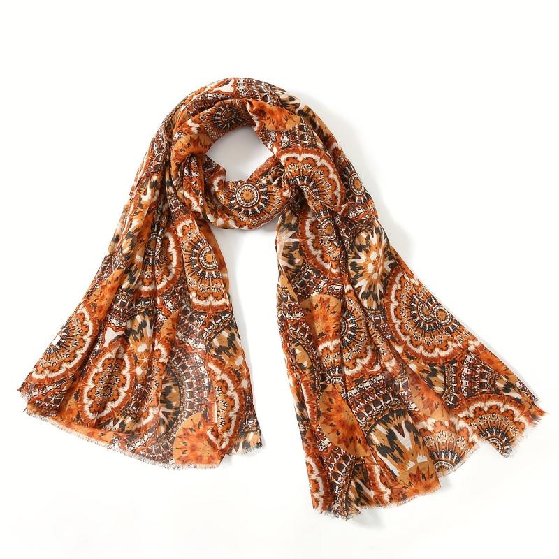 Boho Geometric Print Scarf Vintage Frayed Edge Shawl