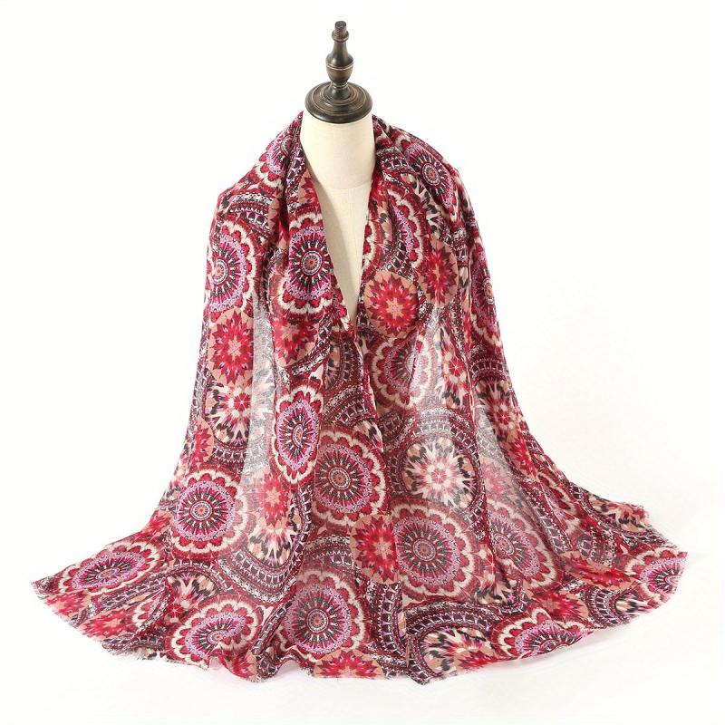 Boho Geometric Print Scarf Vintage Frayed Edge Shawl