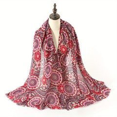 Boho Geometric Print Scarf Vintage Frayed Edge Shawl