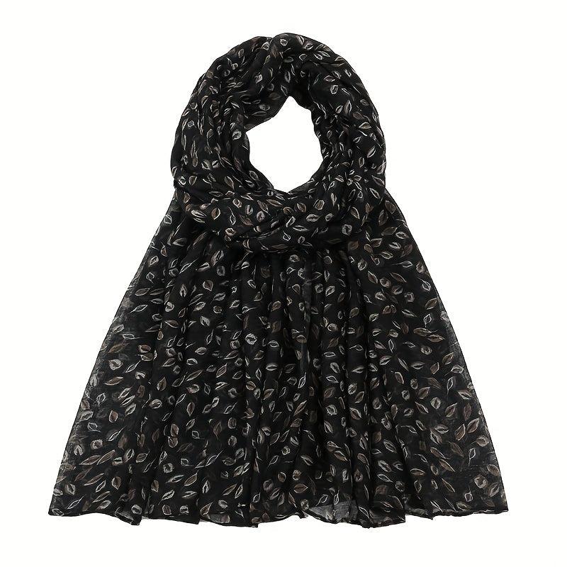 Dark Leaf Print Voile Scarf Boho Vintage Shawl Head Wrap