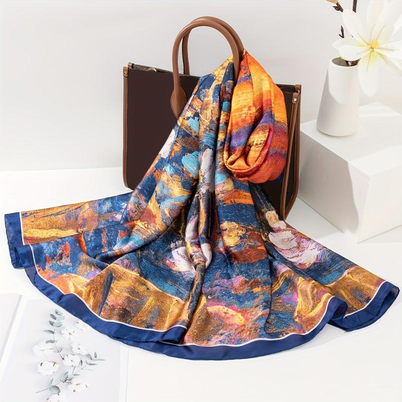 Lotus Oil Painting Print Satin Head Wrap Scarf