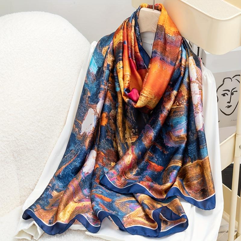 Lotus Oil Painting Print Satin Head Wrap Scarf