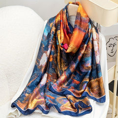 Lotus Oil Painting Print Satin Head Wrap Scarf