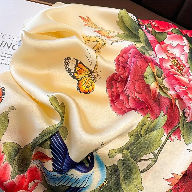 Peony Bird Butterfly Print Scarf Satin Shawl Silk Head Wrap Sunscreen Towel