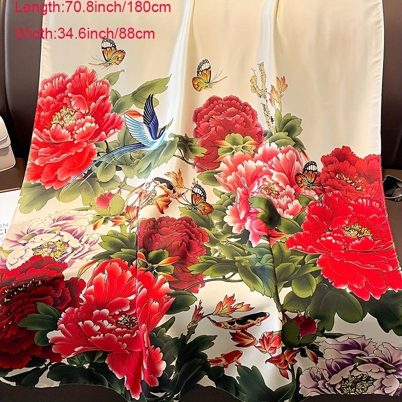 Peony Bird Butterfly Print Scarf Satin Shawl Silk Head Wrap Sunscreen Towel