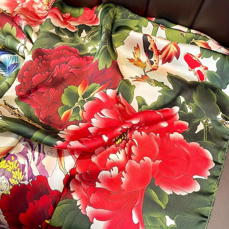 Peony Bird Butterfly Print Scarf Satin Shawl Silk Head Wrap Sunscreen Towel