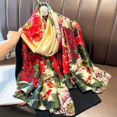 Peony Bird Butterfly Print Scarf Satin Shawl Silk Head Wrap Sunscreen Towel