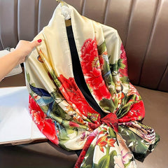 Peony Bird Butterfly Print Scarf Satin Shawl Silk Head Wrap Sunscreen Towel