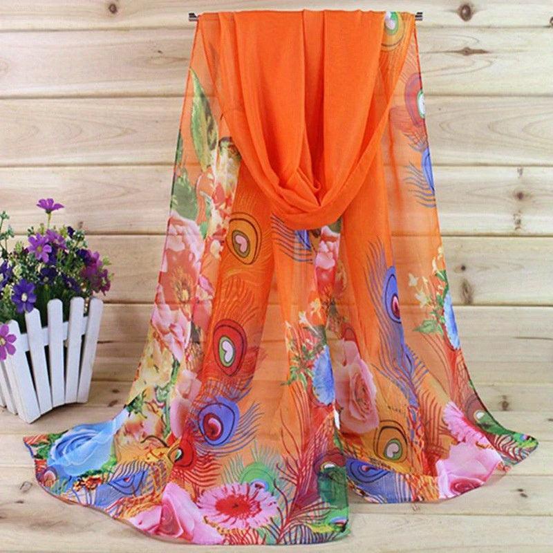 Peacock Feather Print Chiffon Scarf Boho Oversized Thin Shawl