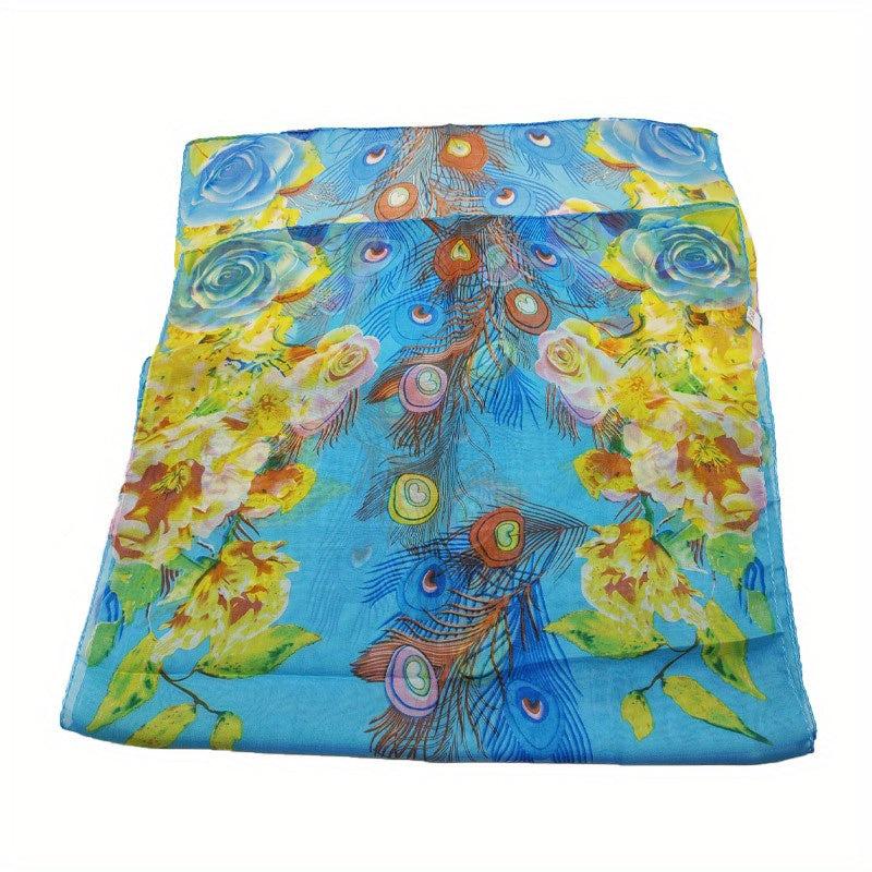 Peacock Feather Print Chiffon Scarf Boho Oversized Thin Shawl