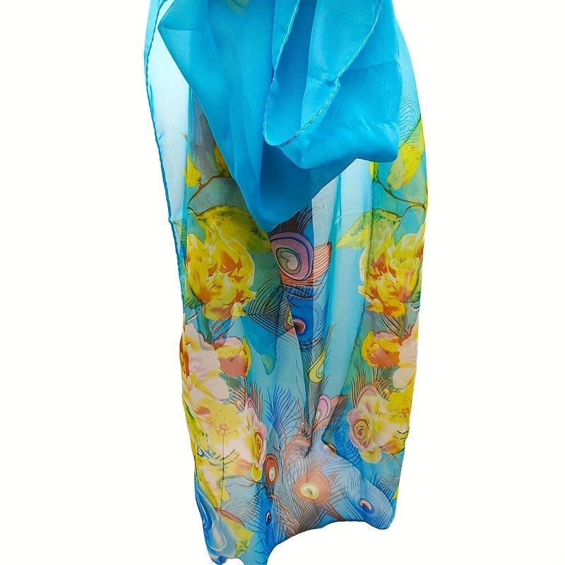 Peacock Feather Print Chiffon Scarf Boho Oversized Thin Shawl
