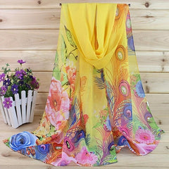 Peacock Feather Print Chiffon Scarf Boho Oversized Thin Shawl