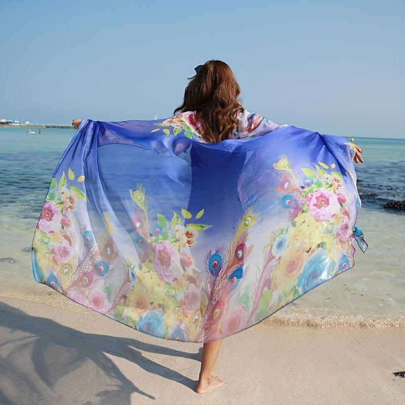 Peacock Feather Print Chiffon Scarf Boho Oversized Thin Shawl