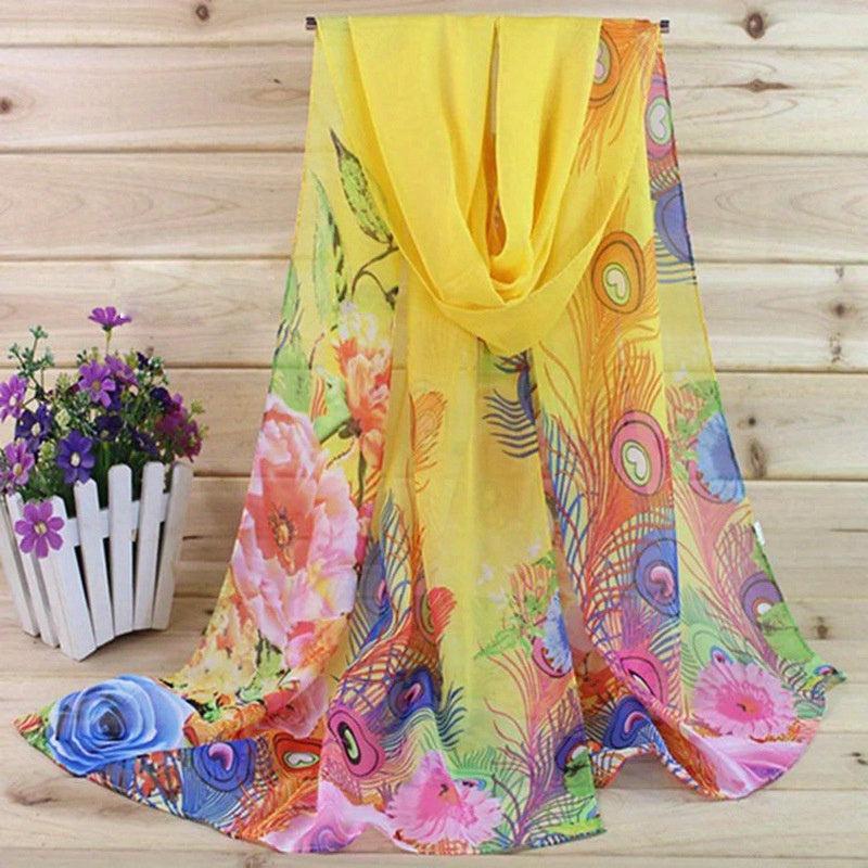 Peacock Feather Print Chiffon Scarf Boho Oversized Thin Shawl