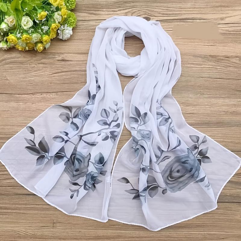 Floral Print Chiffon Silk Scarf Gradient Vintage Headwrap Large Shawl
