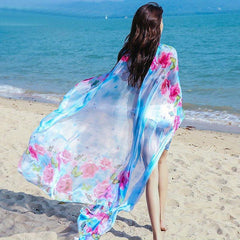 Flower Butterfly Print Chiffon Scarf Oversized Shawl Thin Silk Head Wrap