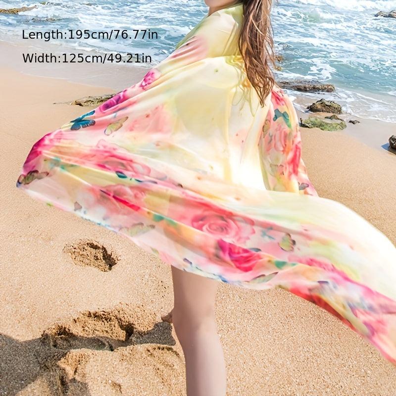 Flower Butterfly Print Chiffon Scarf Oversized Shawl Thin Silk Head Wrap