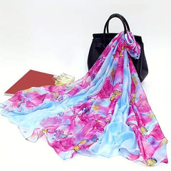 Flower Butterfly Print Chiffon Scarf Oversized Shawl Thin Silk Head Wrap