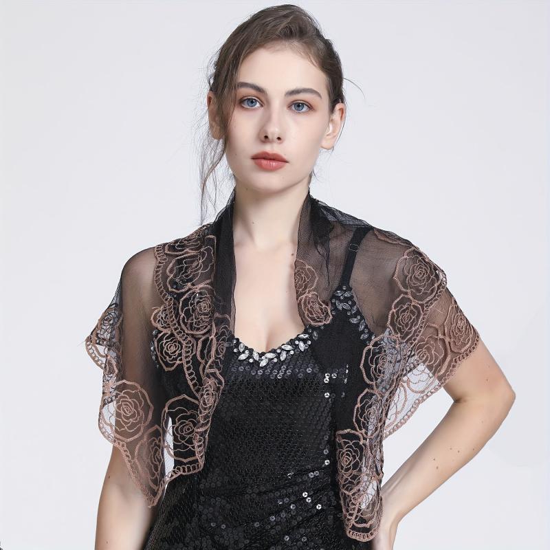 Transparent Lace Square Scarf Rose Embroidery Shawl