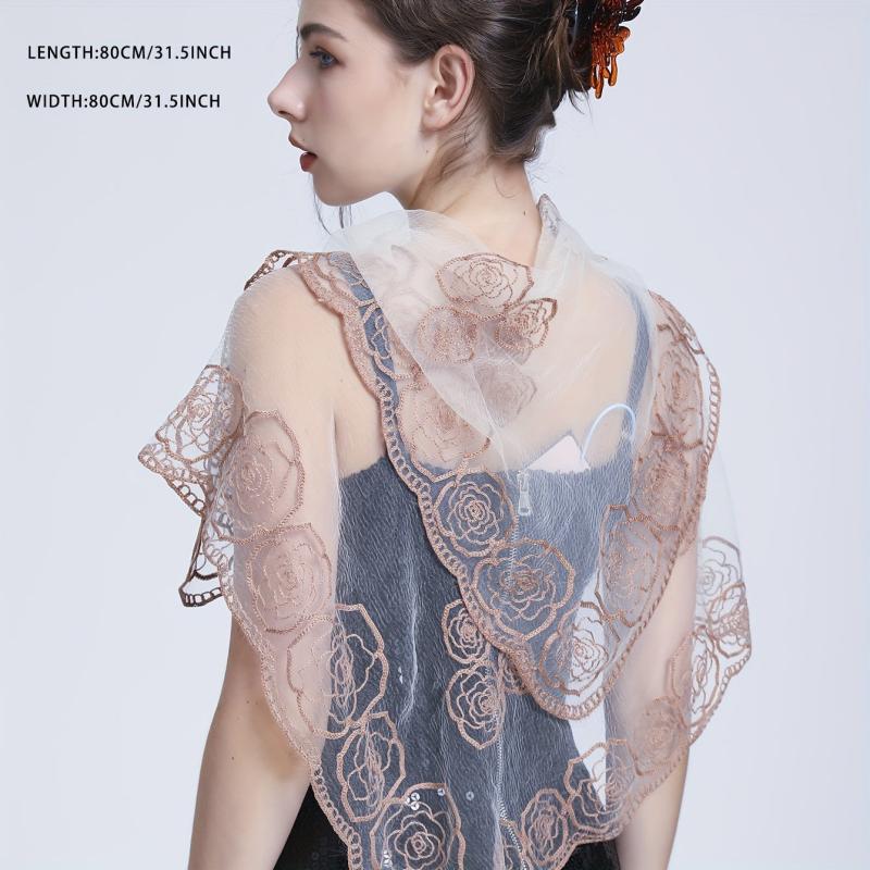 Transparent Lace Square Scarf Rose Embroidery Shawl