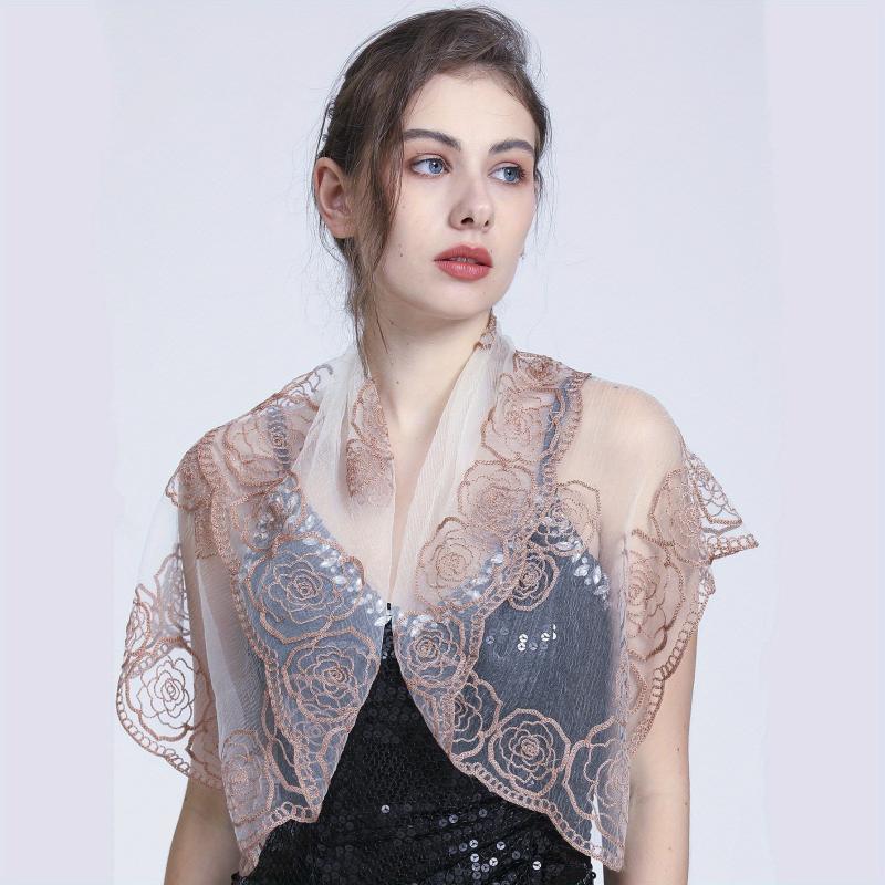 Transparent Lace Square Scarf Rose Embroidery Shawl