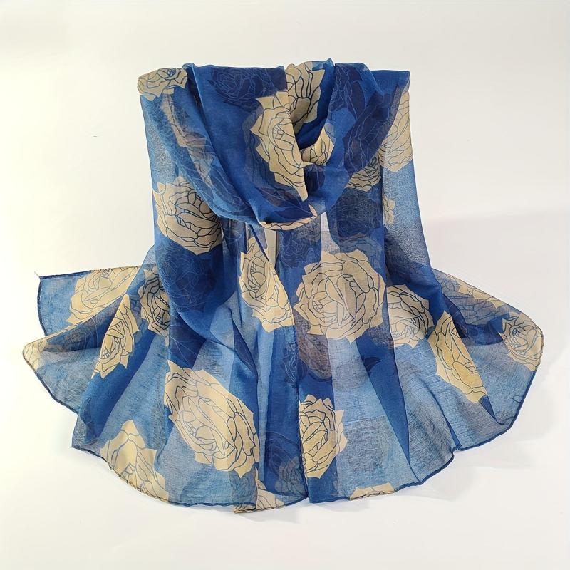 Rose Print Voile Scarf Vintage Large Shawl Women Casual Windproof Head Wrap Trav