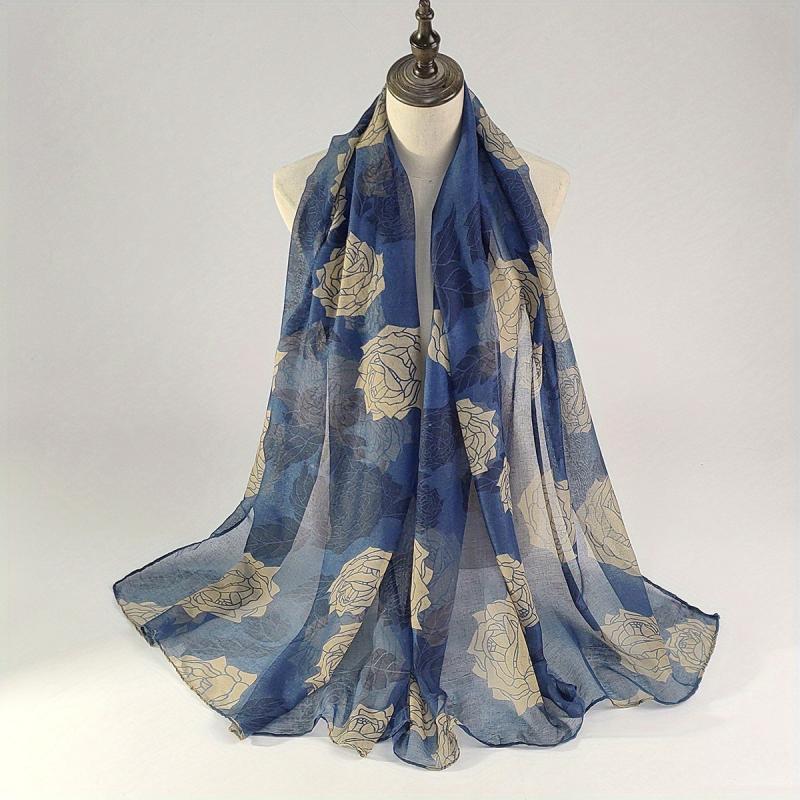 Rose Print Voile Scarf Vintage Large Shawl Women Casual Windproof Head Wrap Trav