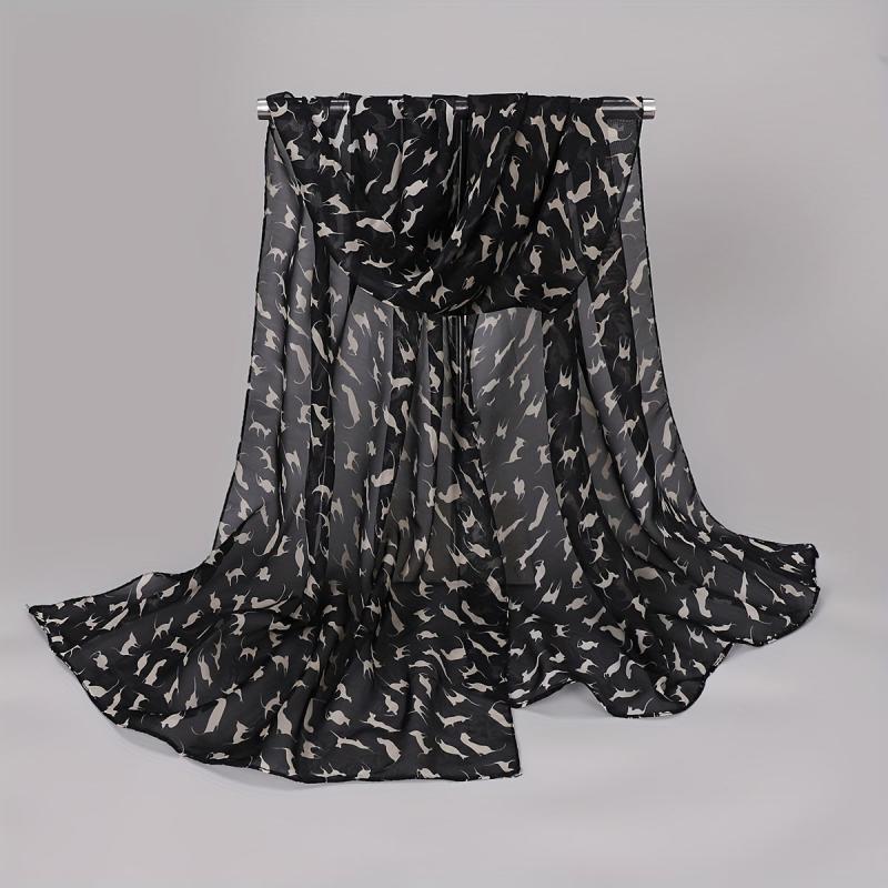 Cat Print Chiffon Scarf Solid Thin Breathable Shawl Hijab