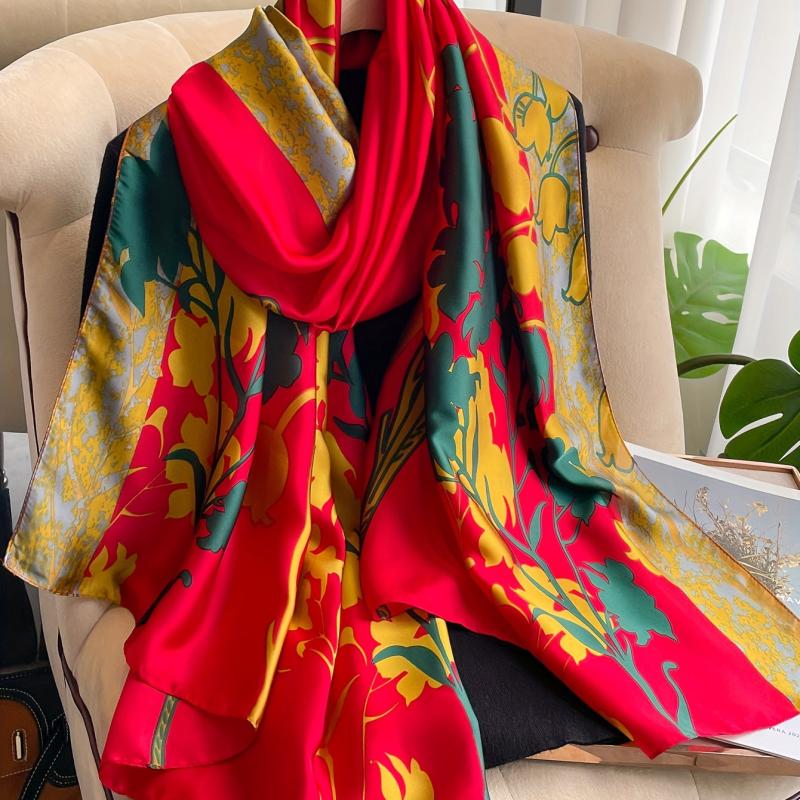 Red Flower Print Long Scarf Silk Shawl Vintage Satin