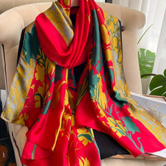 Red Flower Print Long Scarf Silk Shawl Vintage Satin