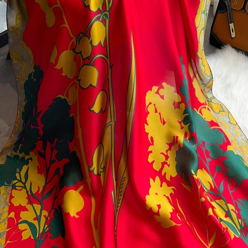 Red Flower Print Long Scarf Silk Shawl Vintage Satin