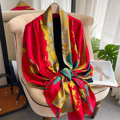 Red Flower Print Long Scarf Silk Shawl Vintage Satin