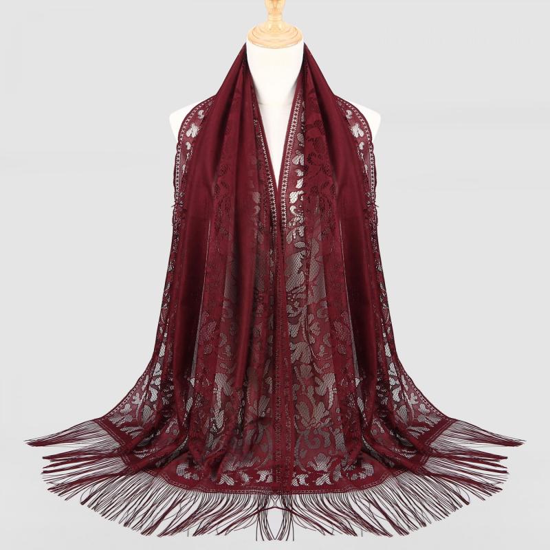 Tassel Lace Shawl Solid Flower Hollow Scarf Hijab Women Wrap