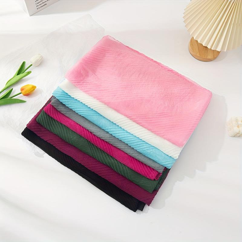 Solid Pleated Scarf Classic Hijab Casual Shawl Silk Bandana Women Neckerchief