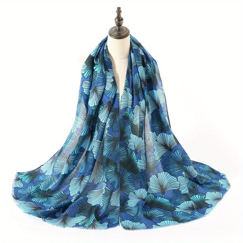 Ginkgo Leaf Print Scarf Vintage Frayed Edge Shawl