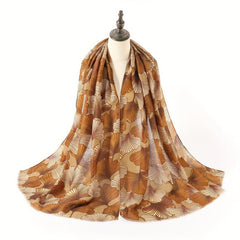 Ginkgo Leaf Print Scarf Vintage Frayed Edge Shawl