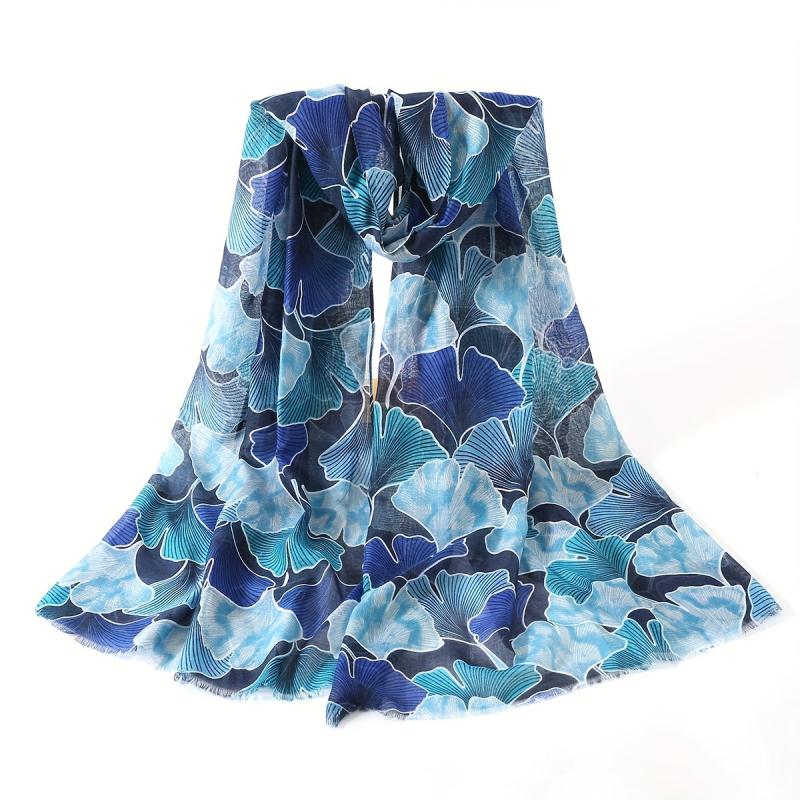 Ginkgo Leaf Print Scarf Vintage Frayed Edge Shawl