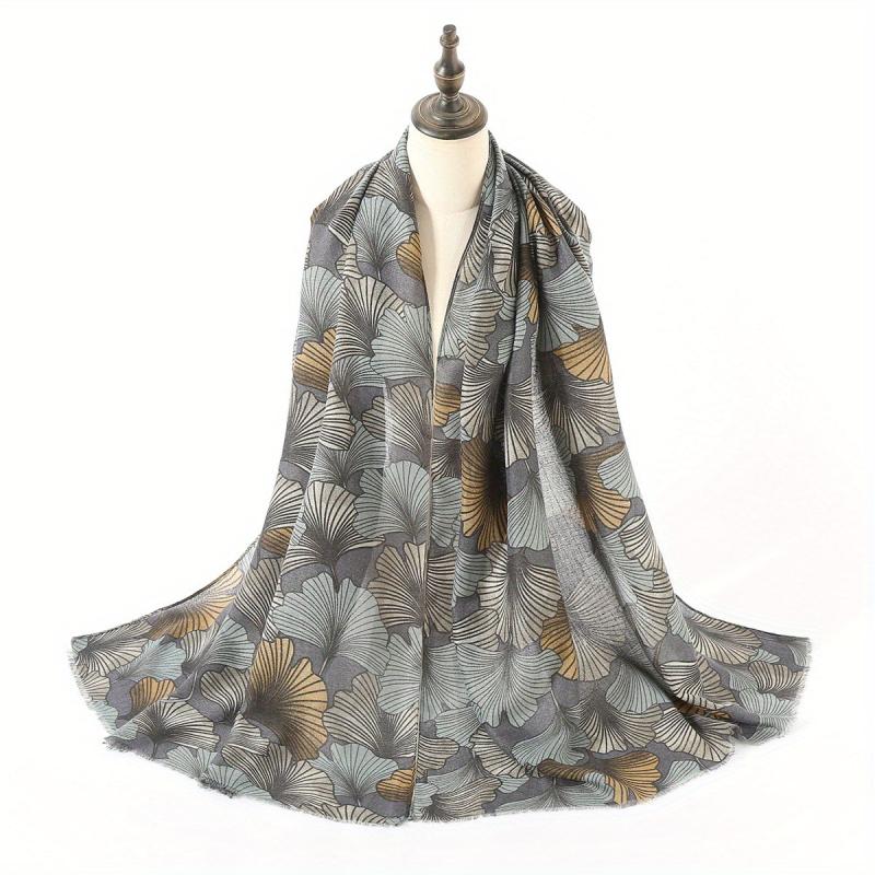 Ginkgo Leaf Print Scarf Vintage Frayed Edge Shawl
