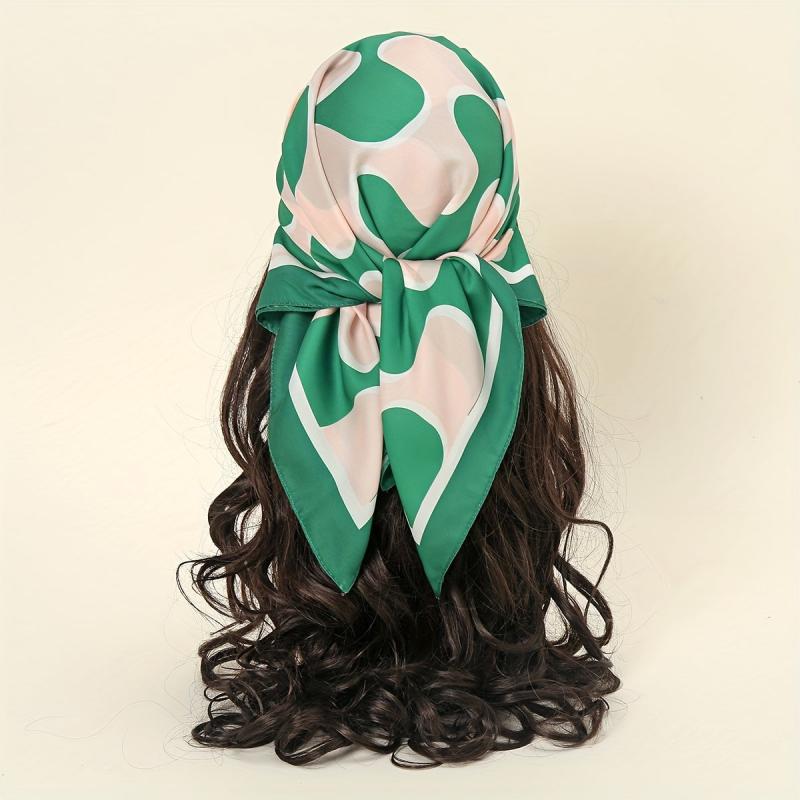 Green Block Bandana Square Scarf Satin Neckerchief Women Head Wrap