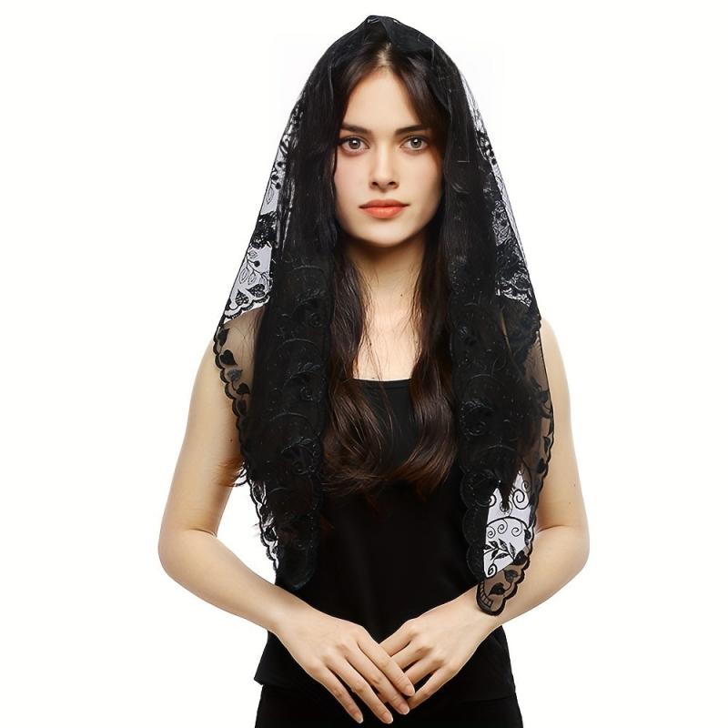 Triangle Mantilla Head Covering Lace Floral Neck Scarf Church Head Veil