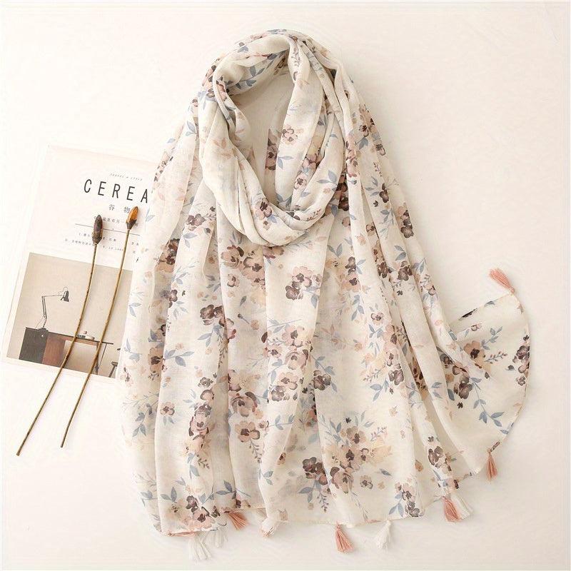 Beige Flower Print Scarf Tassel Shawl for Women